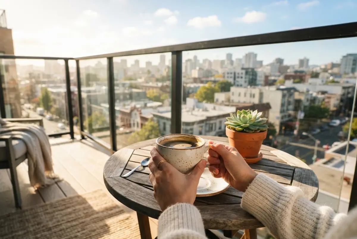 Un matin sur le balcon d'un appartement neuf